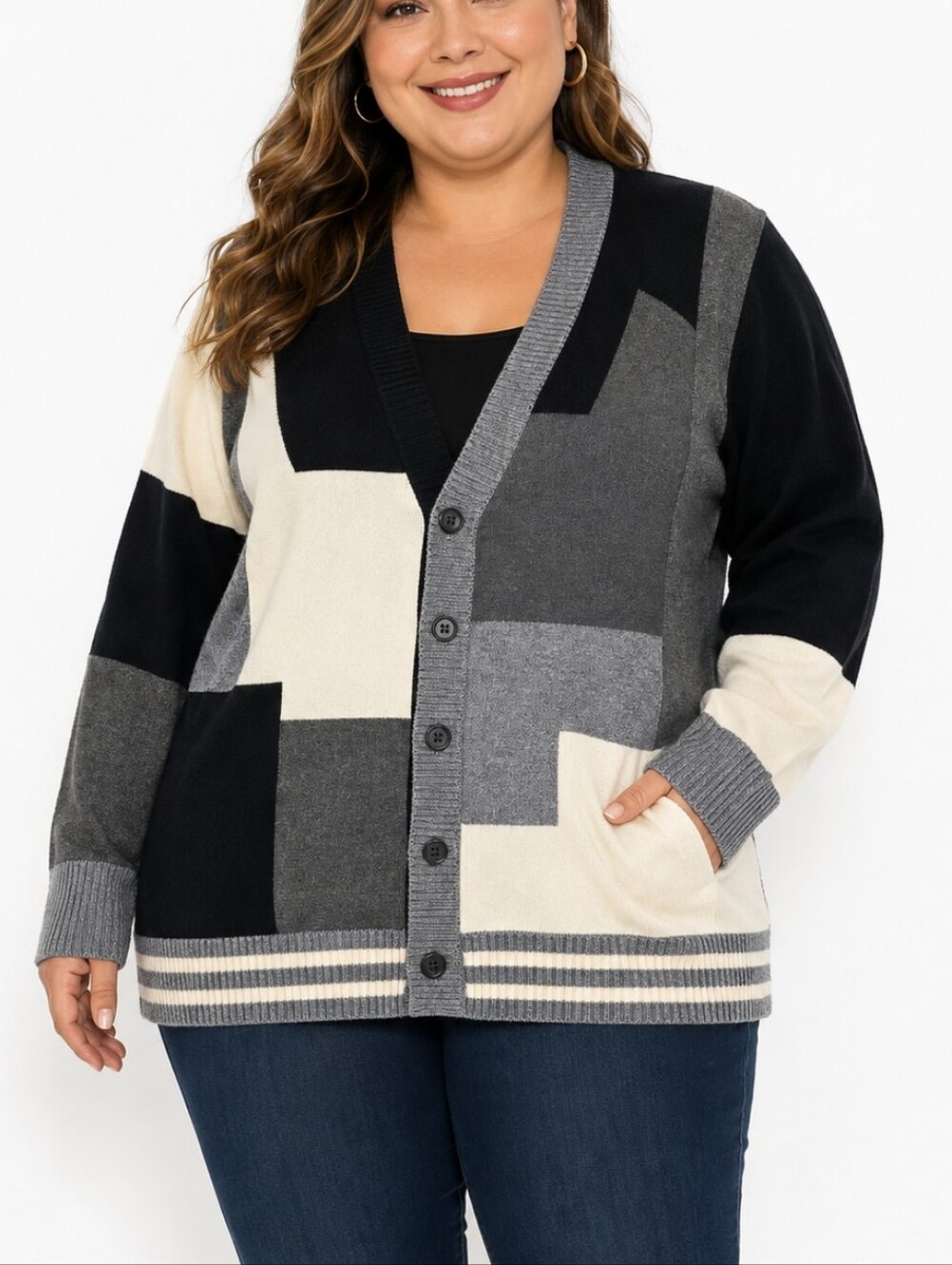 Silver Silk ~Woman Plus Size 3XL~ Black Gray White Button-Up Cardigan Wool Blend